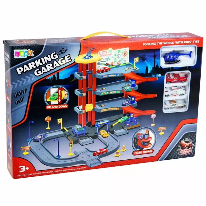 LEAN TOYS Estacionamiento con 4 Niveles, Ascensor, Helicóptero y Coches, 70 Piezas