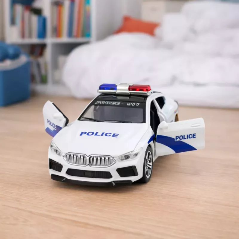 LEAN TOYS Coche de Policía con Puertas Abatibles, Motorizado Luz y Sonido, Blanco