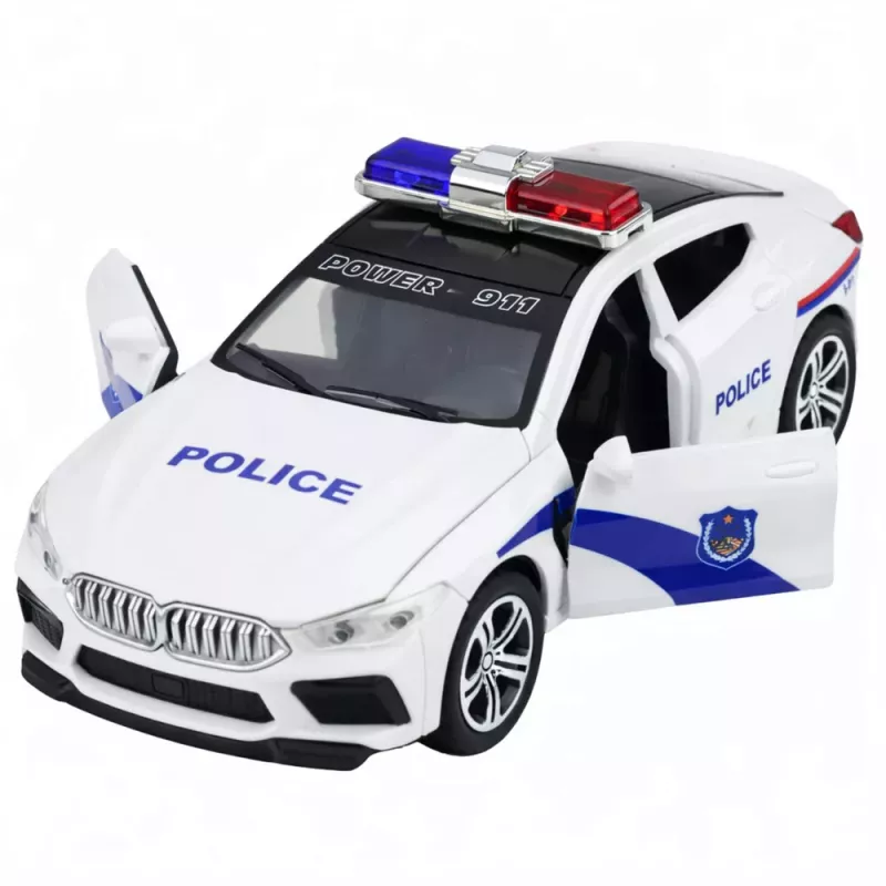 LEAN TOYS Coche de Policía con Puertas Abatibles, Motorizado Luz y Sonido, Blanco