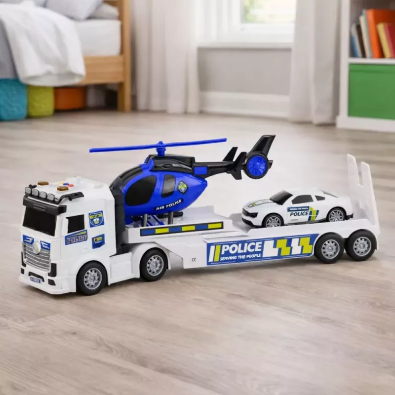 LEAN TOYS Set Camión de Policía Camión Grúa Coche Helicóptero Luces Sonido