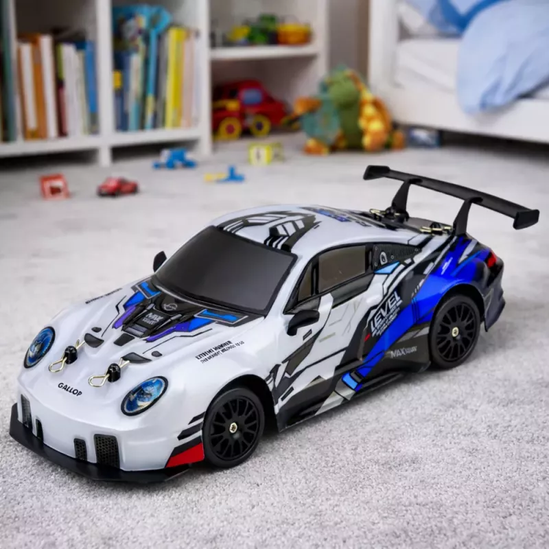 LEAN TOYS Coche teledirigido con derrape RC, ruedas intercambiables, 4WD, azul, 1:24