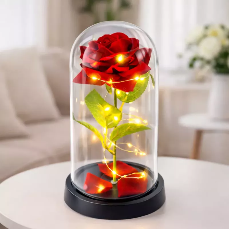 LEAN Rosa eterna en cúpula de cristal con iluminación LED, roja, 21,5 x 11 cm