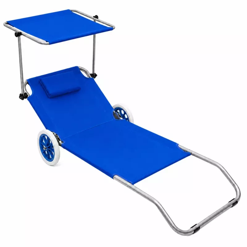 LEAN Tumbona plegable de jardín y playa con ruedas y toldo, aluminio, azul