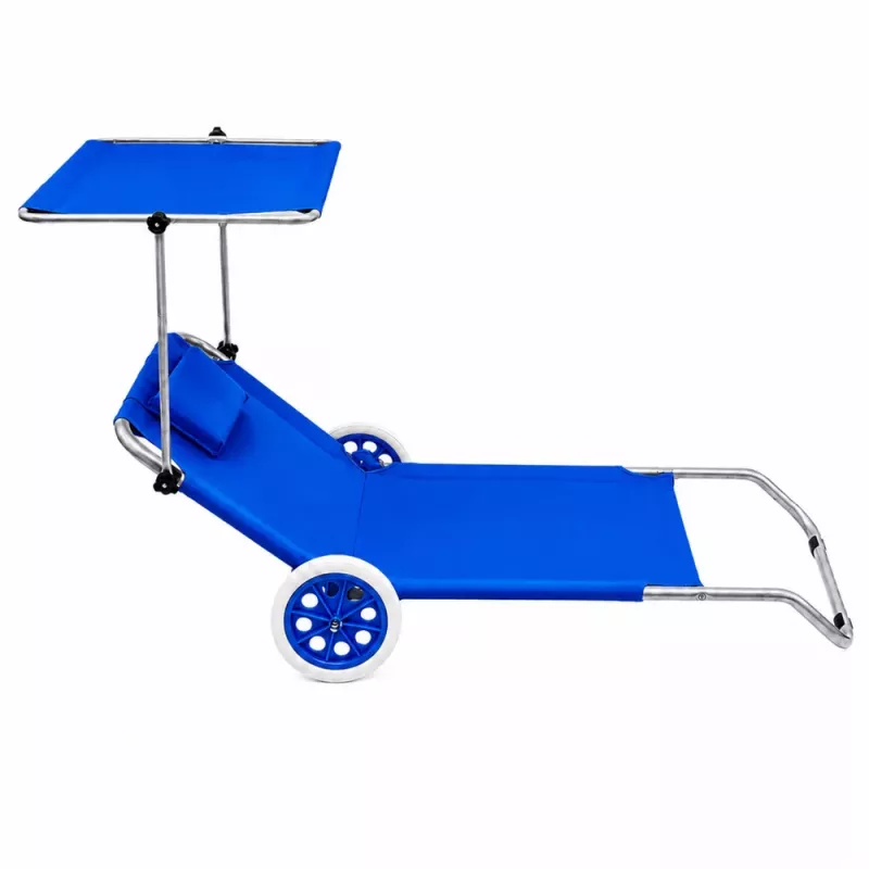 LEAN Tumbona plegable de jardín y playa con ruedas y toldo, aluminio, azul