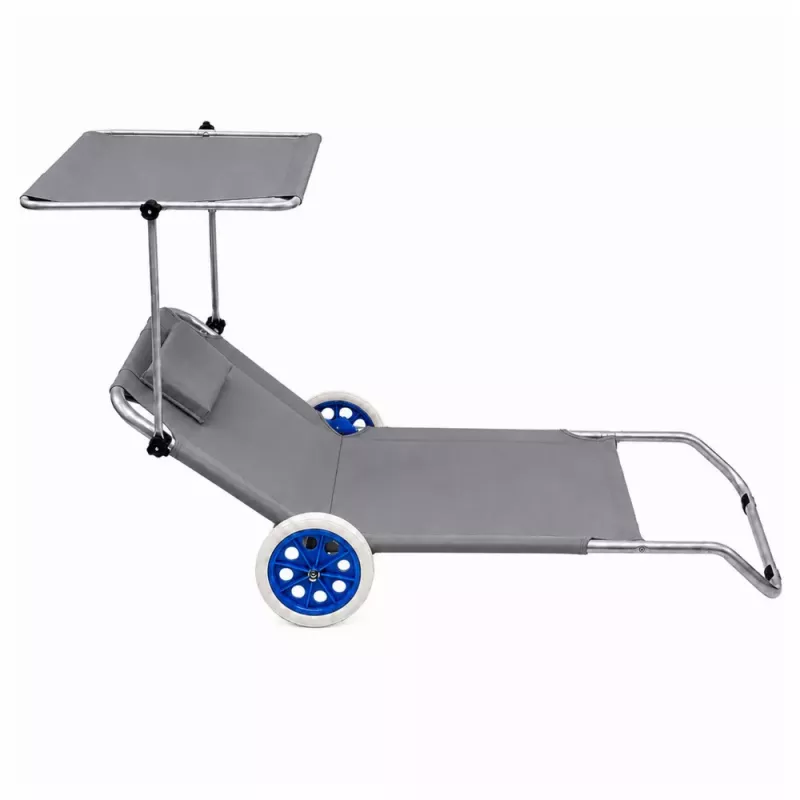 LEAN Tumbona de jardín y playa con ruedas y toldo plegable, aluminio, gris