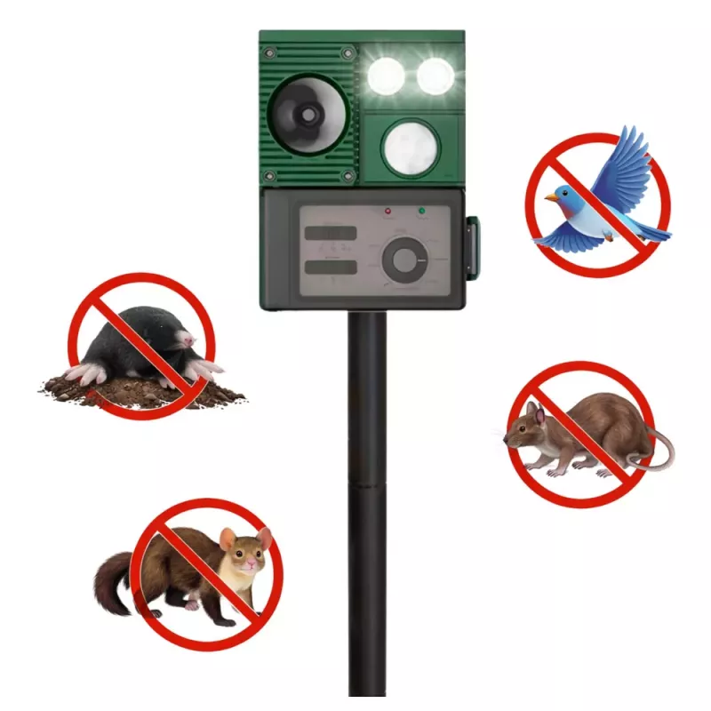 LEAN Repelente solar de animales con sensor de movimiento, ultrasonidos y diodos LED