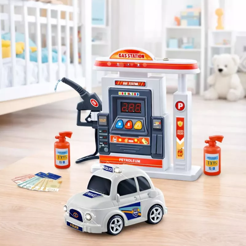 LEAN TOYS coche de policía interactivo con gasolinera, luz, sonido y humo