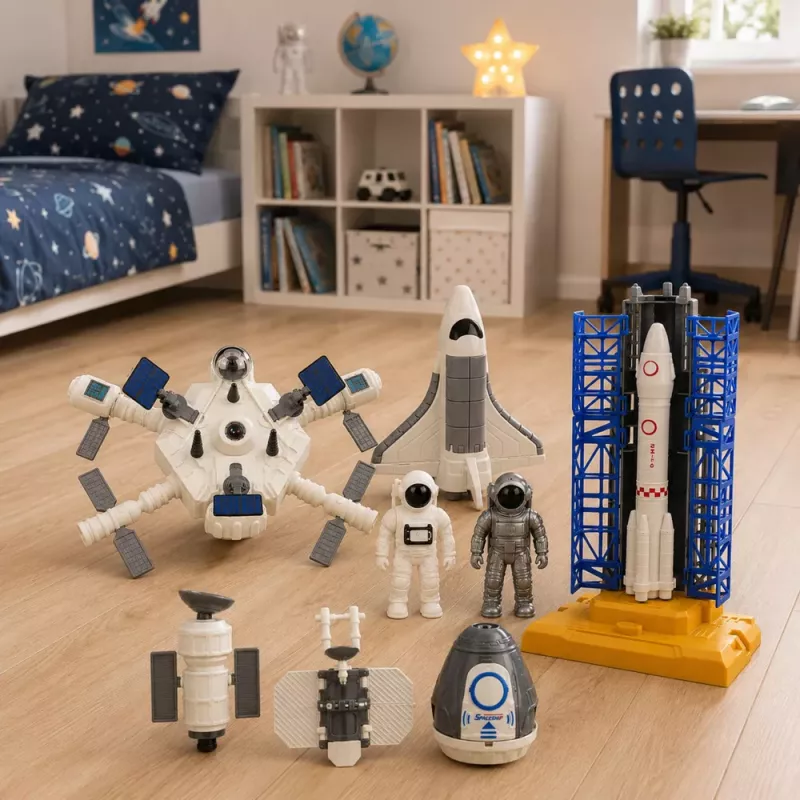 LEAN TOYS estación espacial cohete transbordador satélites cosmonautas luces