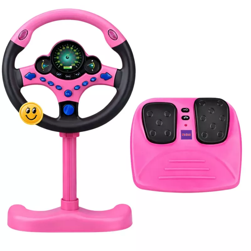 LEAN TOYS volante interactivo con soporte y pedales, luces, sonidos, rosa