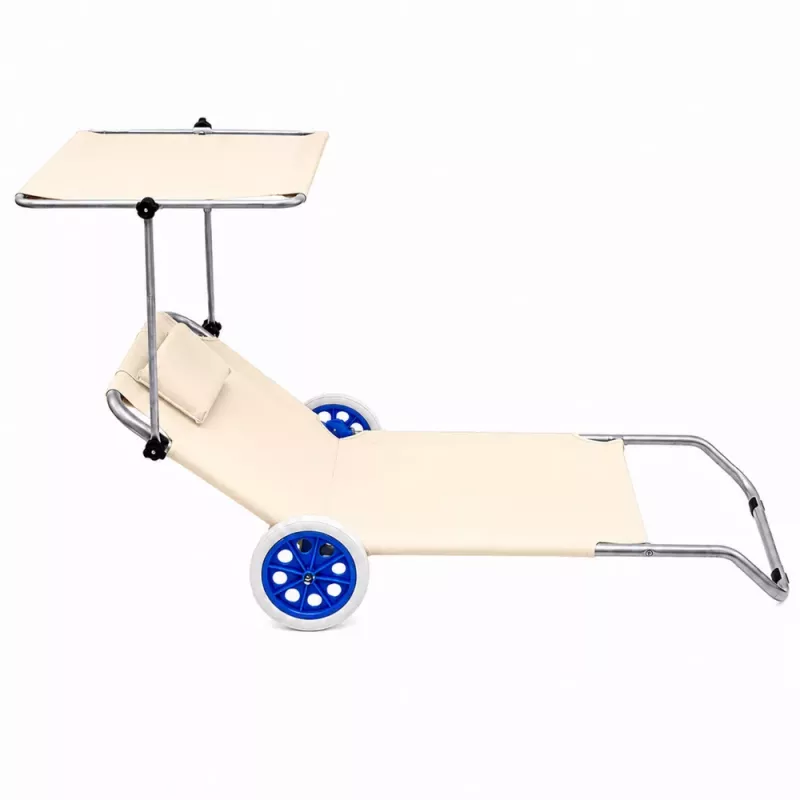LEAN tumbona de playa con ruedas, jardín, plegable, sombrilla de aluminio, crema
