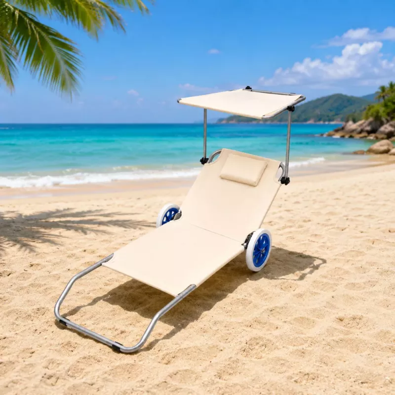 LEAN tumbona de playa con ruedas, jardín, plegable, sombrilla de aluminio, crema