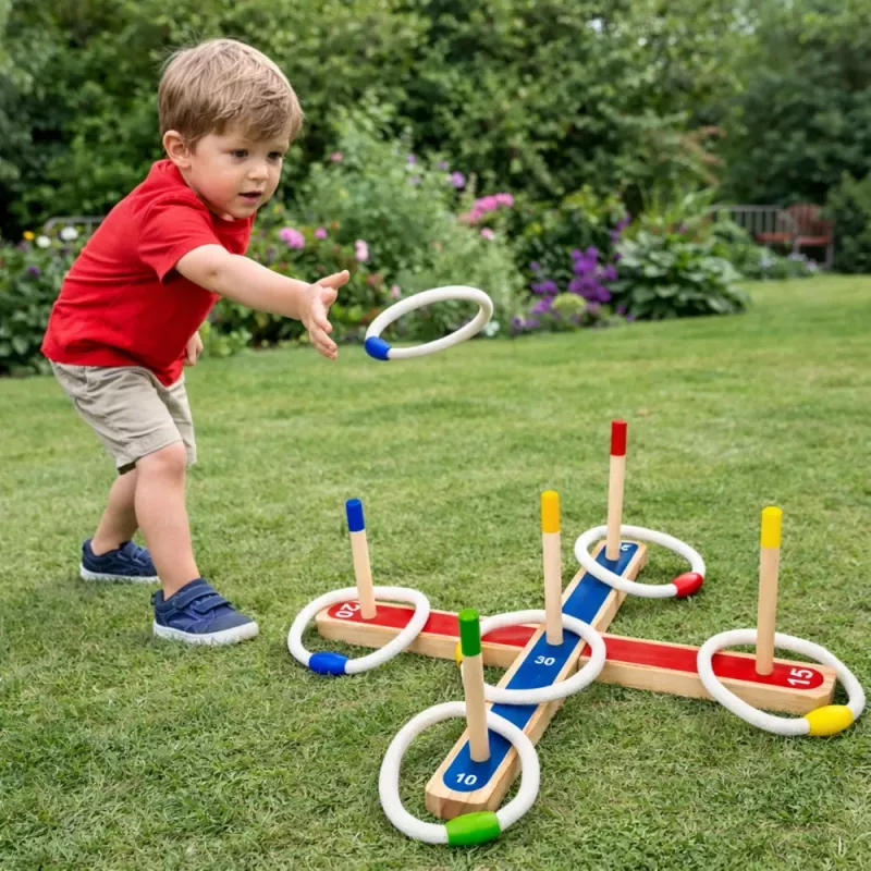 LEAN TOYS Juego de habilidad de lanzamiento de anillas de madera juego familiar con puntuación