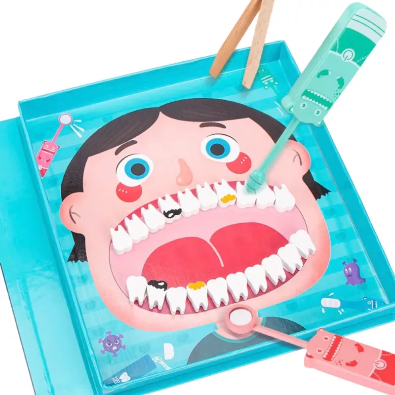 LEAN TOYS Set de pequeño dentista de madera Libro magnético Dientes Herramientas
