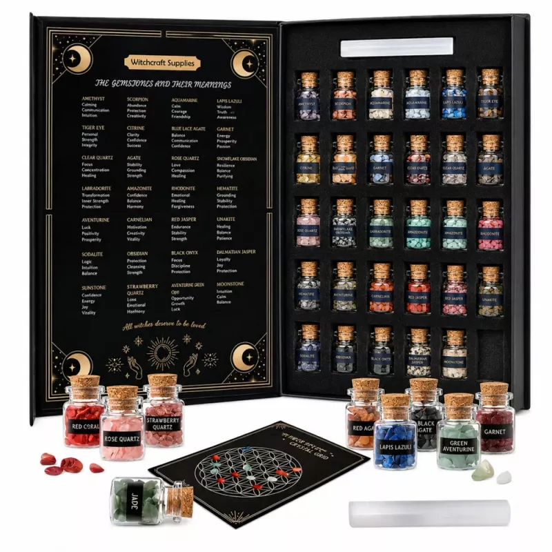 LEAN TOYS Set de cristales de minerales y piedras preciosas en frascos Libro 30 uds.