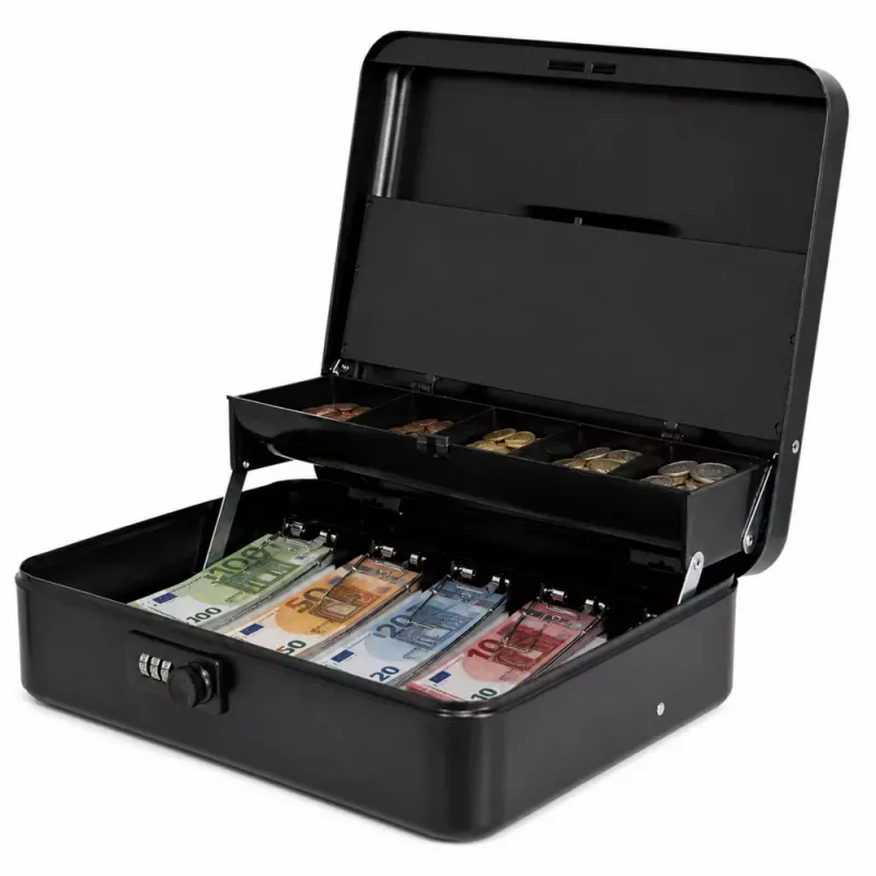 LEAN Caja de metal con código para dinero, billetes, documentos, negra 30x24 cm