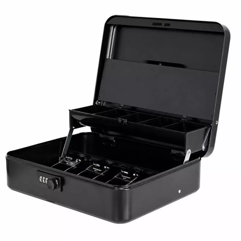 LEAN Caja de metal con código para dinero, billetes, documentos, negra 30x24 cm