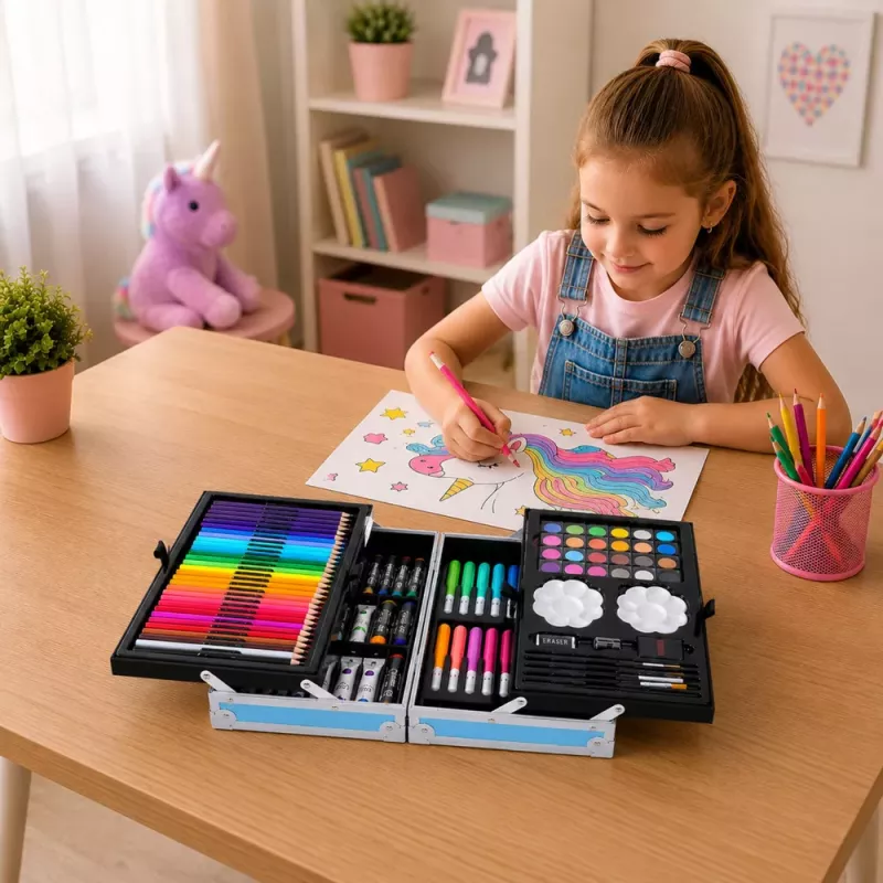 LEAN Set de manualidades para niños Unicornio Maletín azul 150 piezas