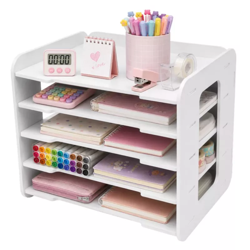 LEAN TOYS Organizador de escritorio de madera, bandejas para documentos A4, blanco