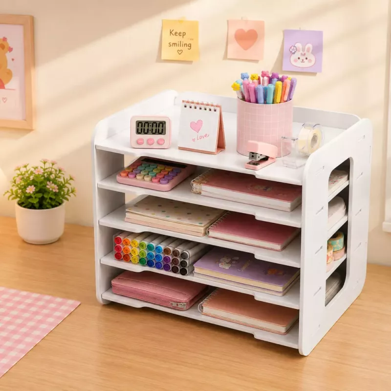 LEAN TOYS Organizador de escritorio de madera, bandejas para documentos A4, blanco