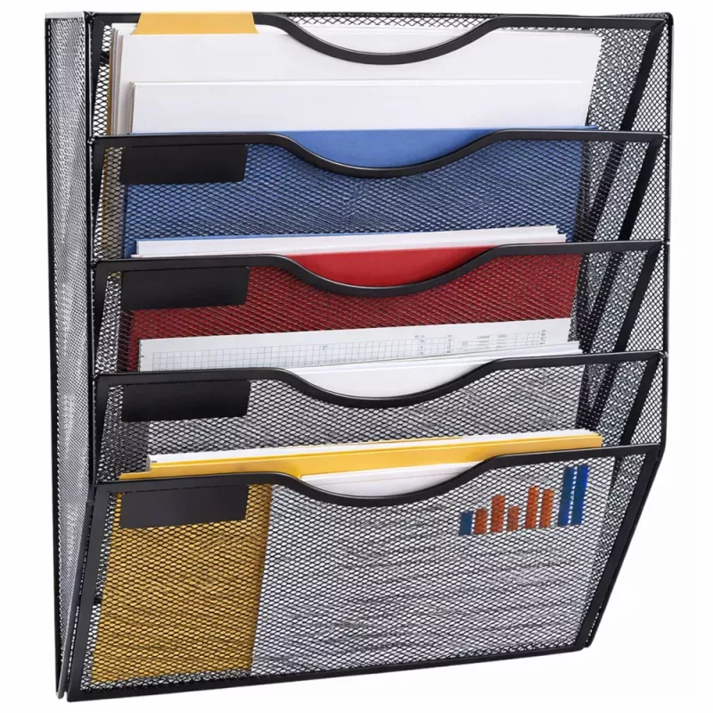 LEAN Organizador de metal para documentos y periódicos, estante de pared, 5 compartimentos, A4, negro