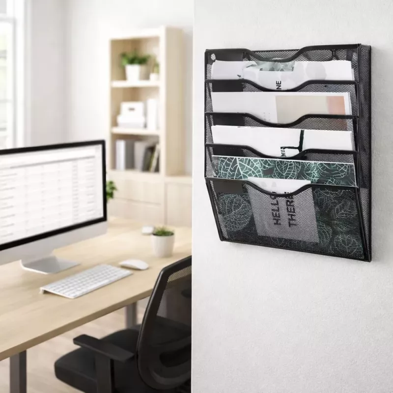 LEAN Organizador de metal para documentos y periódicos, estante de pared, 5 compartimentos, A4, negro