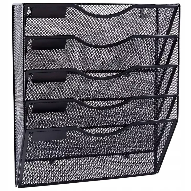 LEAN Organizador de metal para documentos y periódicos, estante de pared, 5 compartimentos, A4, negro