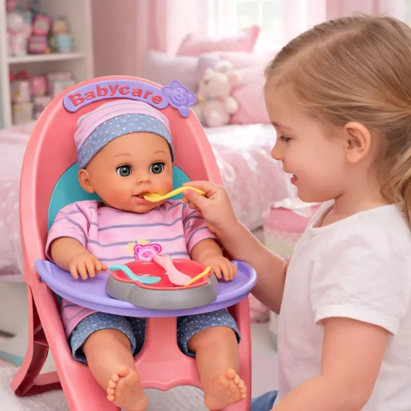 LEAN TOYS Muñeca bebé Hace pipí, balbucea, llora, habla 12 sonidos, accesorios, silla