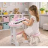 LEAN TOYS Piano-órgano electrónico para niños con taburete, micrófono, MP3 - Rosa