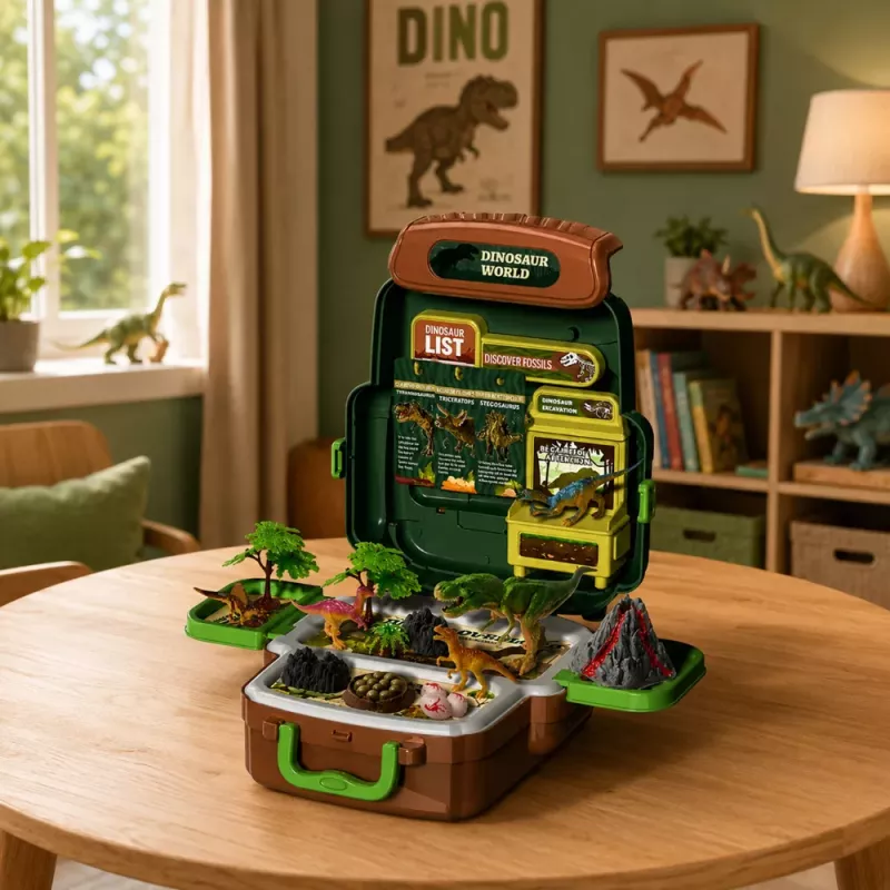 LEAN TOYS Set de dinosaurios en mochila, maletín, figuras, tarjetas educativas, accesorios, 30 piezas