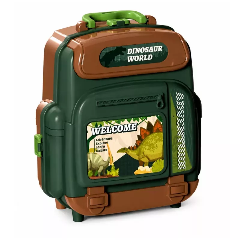 LEAN TOYS Set de dinosaurios en mochila, maletín, figuras, tarjetas educativas, accesorios, 30 piezas