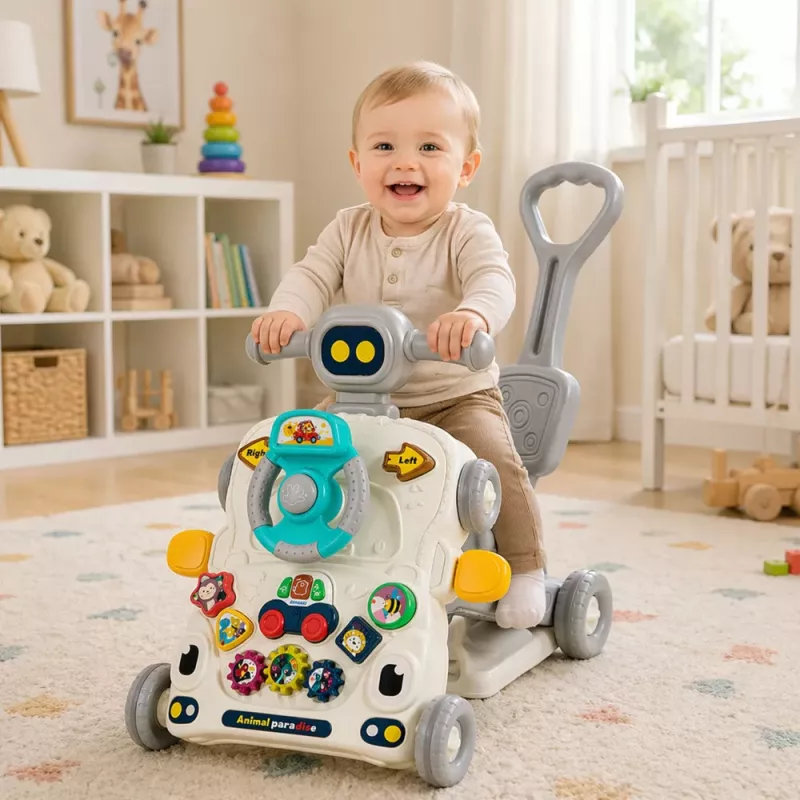 LEAN TOYS Juguete educativo interactivo 5 en 1, andador, juguete de empuje, triciclo, patinete, mesa de juegos, gris