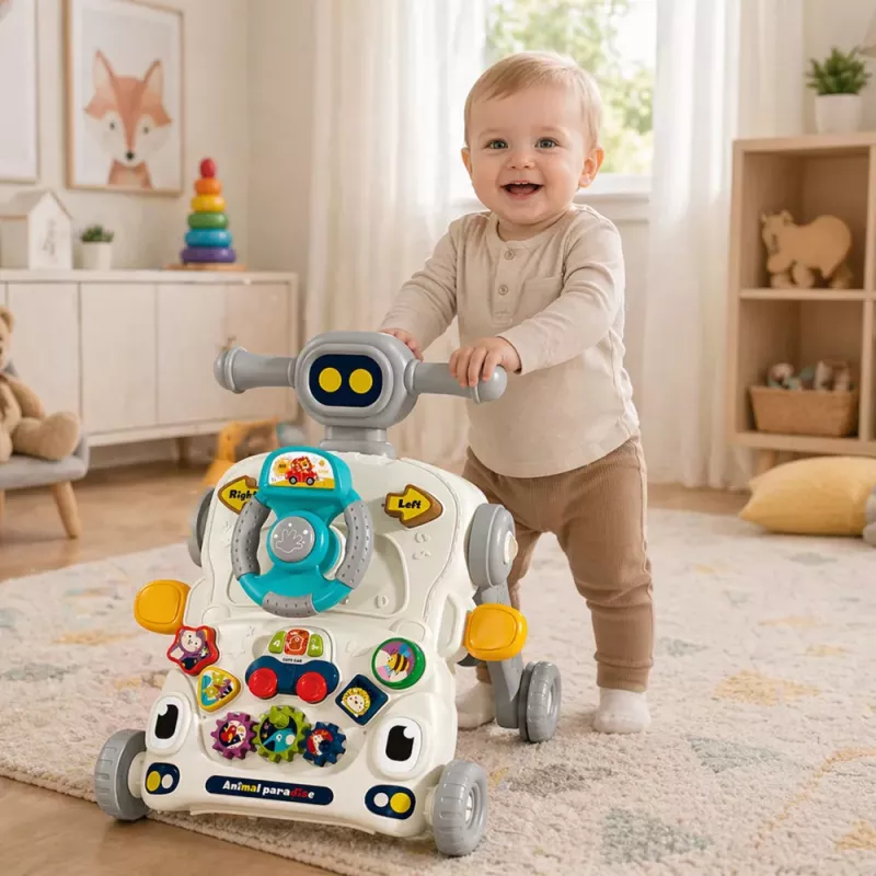 LEAN TOYS Juguete educativo interactivo 5 en 1, andador, juguete de empuje, triciclo, patinete, mesa de juegos, gris