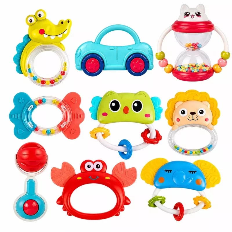 LEAN TOYS Set de sonajeros, mordedores y juguetes para niños pequeños, de colores, móviles, 9 piezas