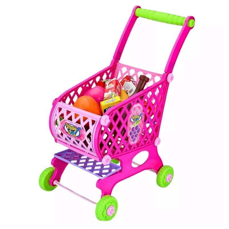 LEAN TOYS Carrito de la compra grande para niños, alimentos, rosa, 52 cm, 46 piezas