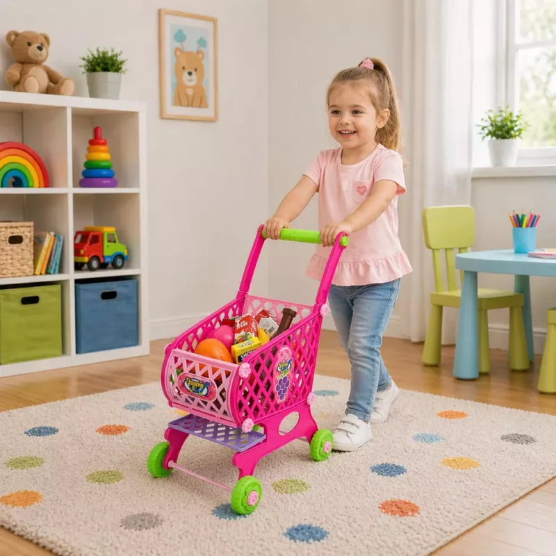 LEAN TOYS Carrito de la compra grande para niños, alimentos, rosa, 52 cm, 46 piezas
