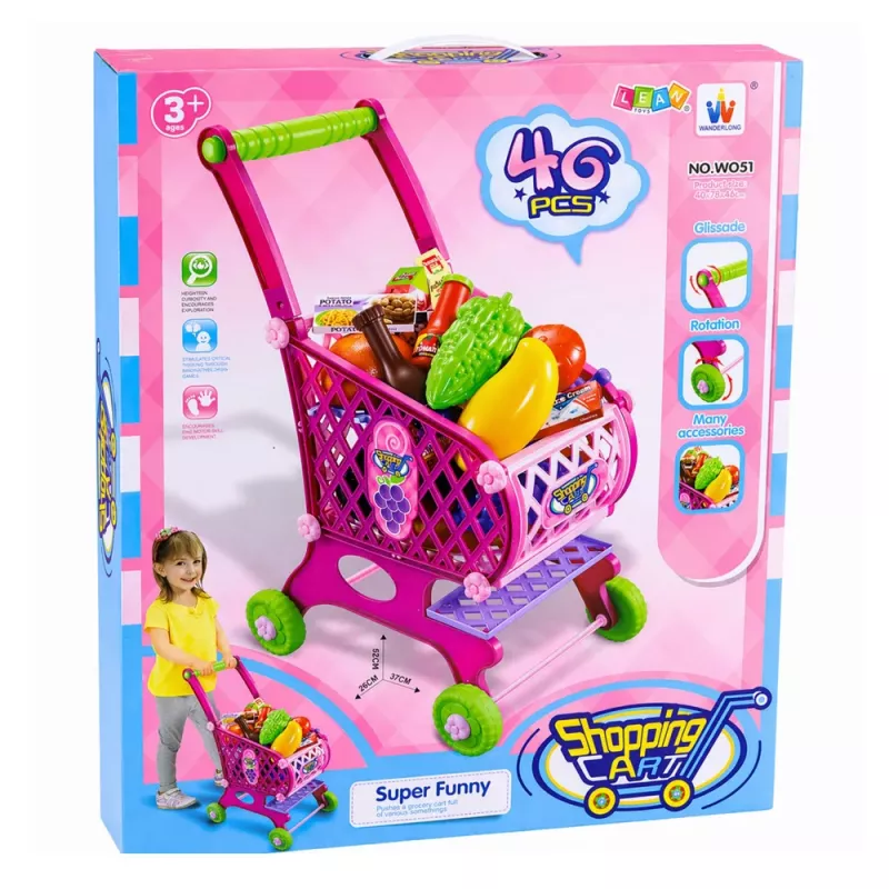 LEAN TOYS Carrito de la compra grande para niños, alimentos, rosa, 52 cm, 46 piezas
