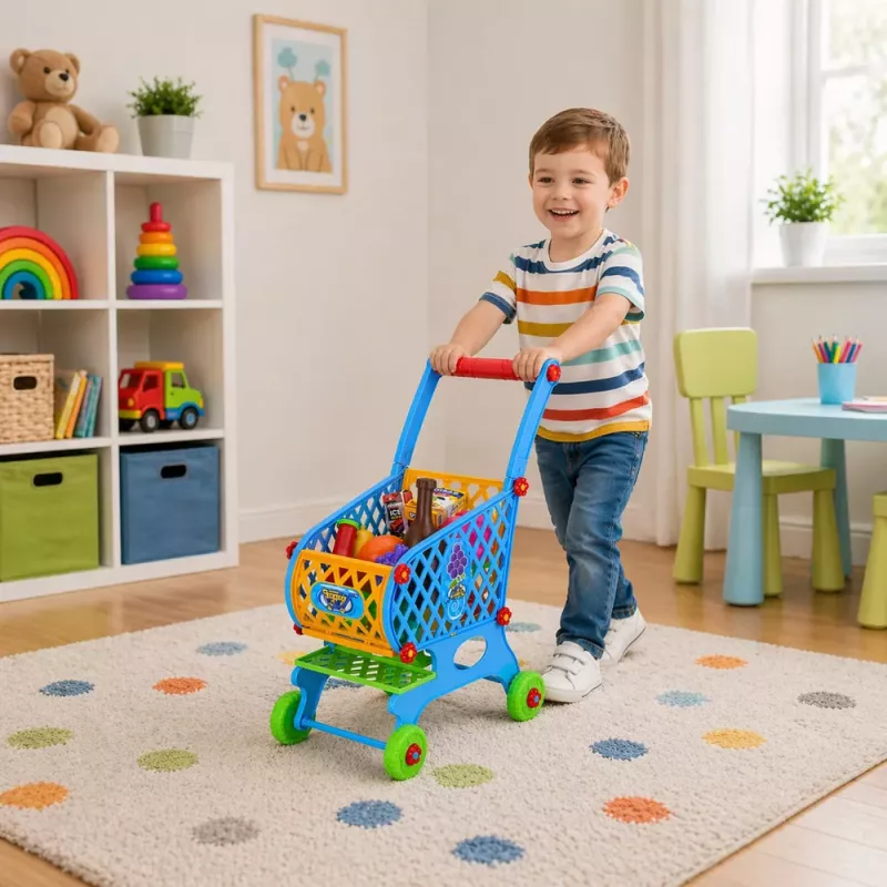 LEAN TOYS Carrito de la compra grande para niños, alimentos, azul, 52 cm, 46 piezas