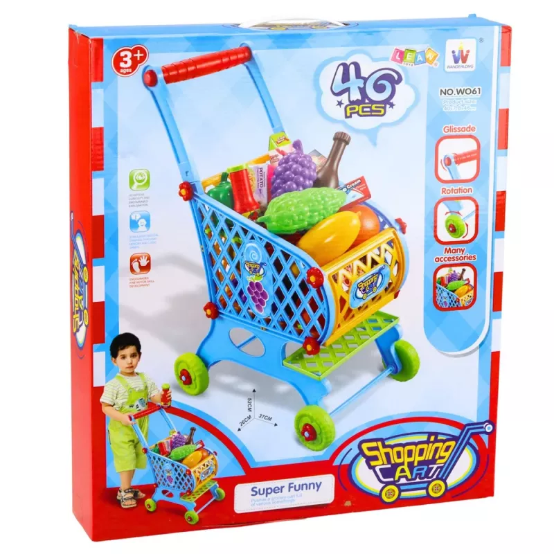 LEAN TOYS Carrito de la compra grande para niños, alimentos, azul, 52 cm, 46 piezas