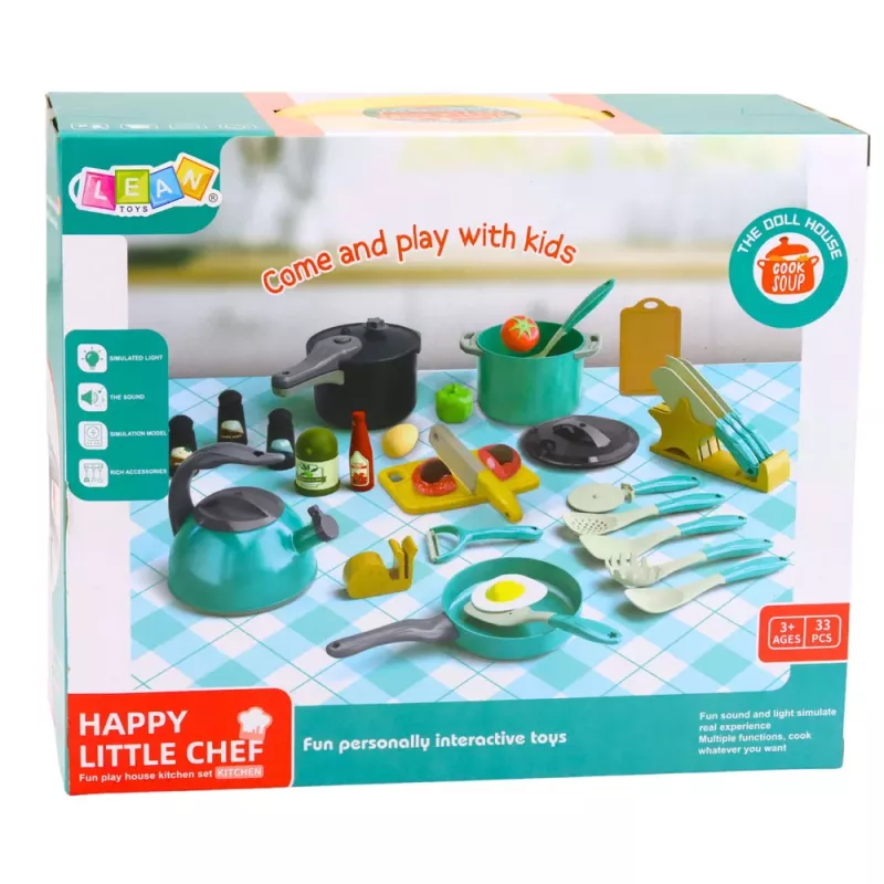 LEAN TOYS Set Little Chef's - ollas de cocina, vajilla, hervidor, turquesa, 33 piezas