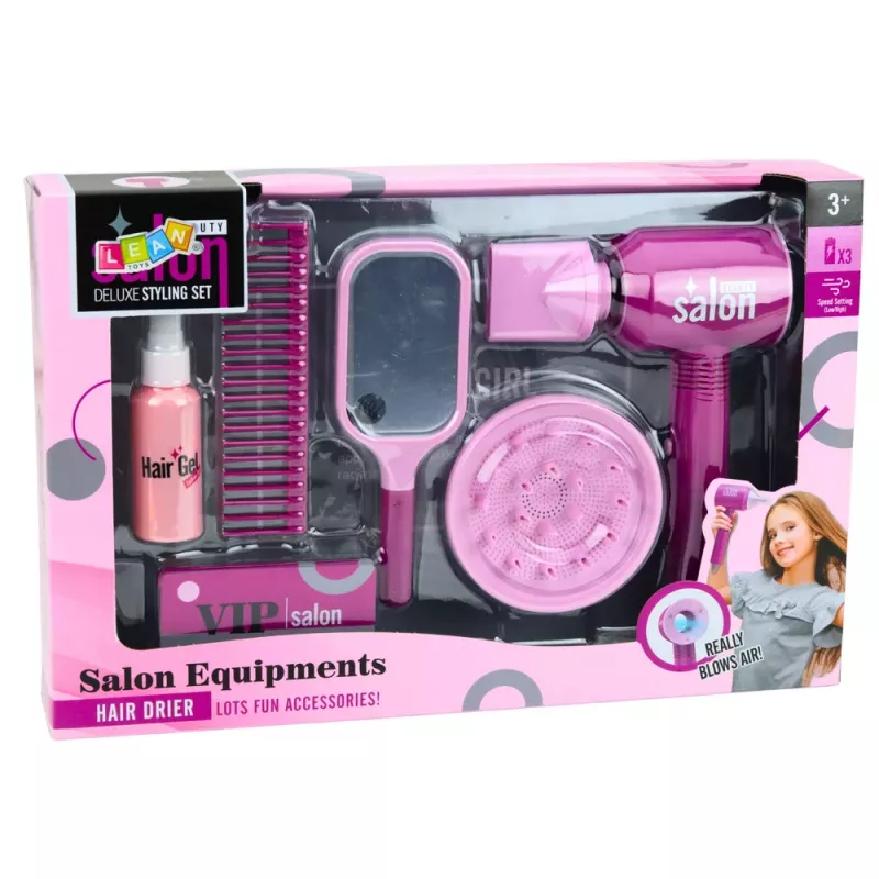 LEAN TOYS Set de peluquería infantil - secador de pelo de juguete, espejo, peine y accesorios - set de belleza de juego de rol para niños a partir de 3 años