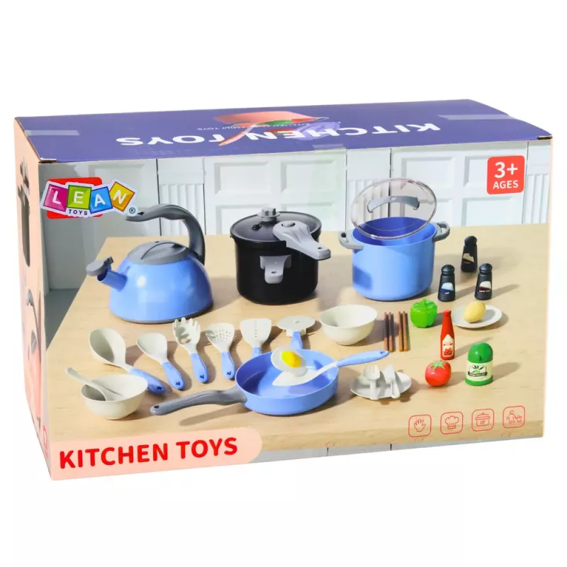LEAN TOYS Set de utensilios de cocina ollas sartén cazo accesorios azul 32 piezas