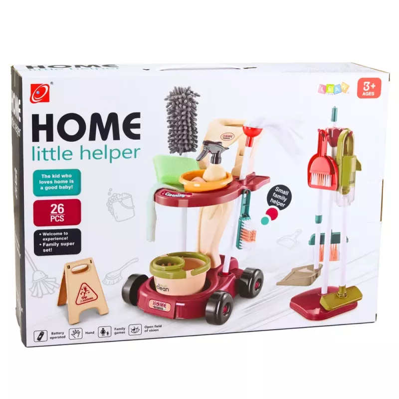 LEAN TOYS Set de limpieza infantil con carrito, mopa, cubo, aspirador, 26 piezas