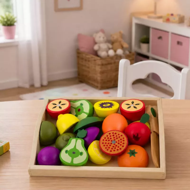 LEAN TOYS Set de corte de fruta de madera con cuchillo magnético de seguridad y tabla