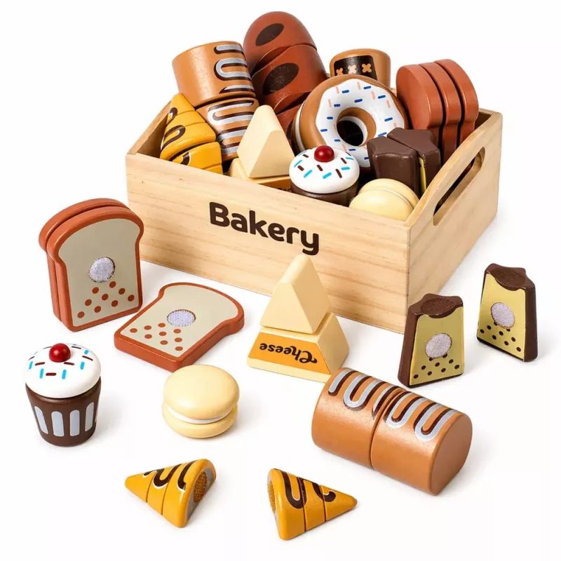 LEAN TOYS Set de mini panadería de madera con pan y velcro en caja 10 uds.