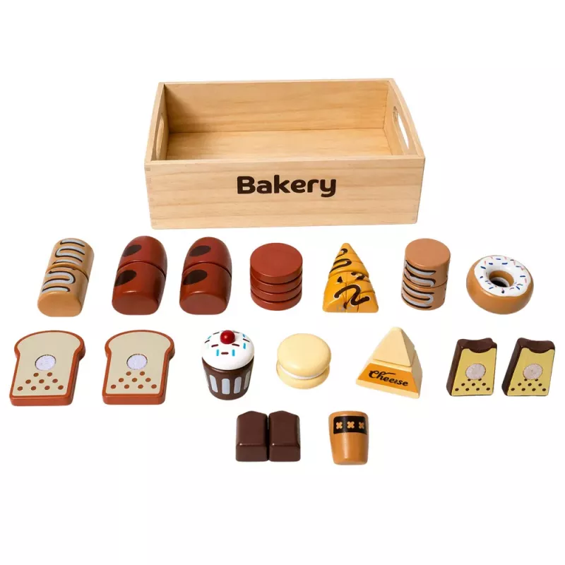 LEAN TOYS Set de mini panadería de madera con pan y velcro en caja 10 uds.