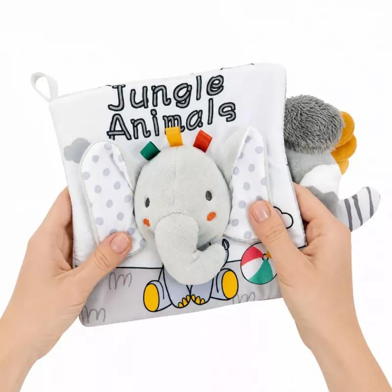 LEAN TOYS Libro sensorial de tela con elefante que cruje y chirría, gris