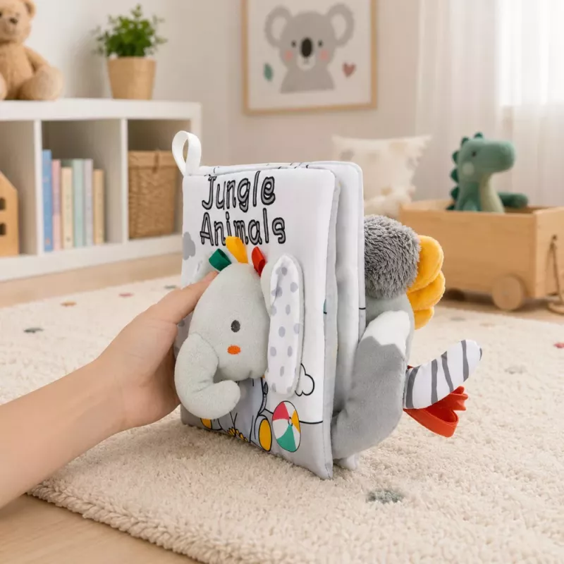 LEAN TOYS Libro sensorial de tela con elefante que cruje y chirría, gris