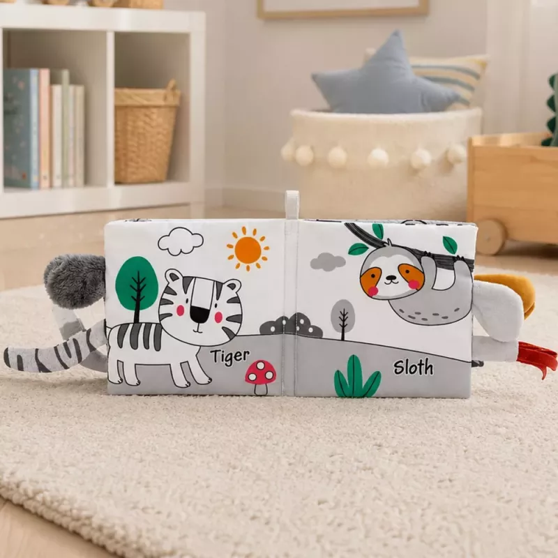 LEAN TOYS Libro sensorial de tela con elefante que cruje y chirría, gris