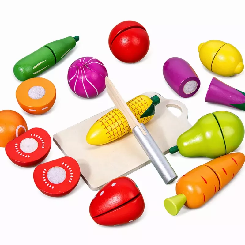 LEAN TOYS Set de tabla de cortar frutas y verduras de madera cuchillo de seguridad cubo 13 piezas