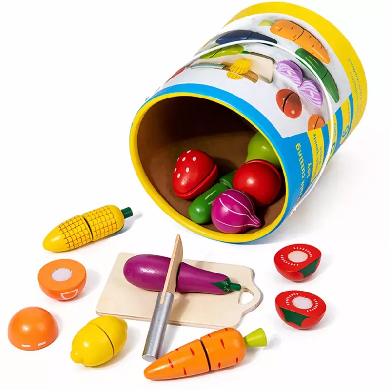 LEAN TOYS Set de tabla de cortar frutas y verduras de madera cuchillo de seguridad cubo 13 piezas